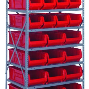 The Quantum Shelving Unit (24D x 36L x 75H) is a heavy-duty metal unit with eight shelves, each holding up to 400 lbs. It comes with red plastic bins (Qus950 and Qus952) for easy access. The galvanized steel finish and cross-brace ensure stability.