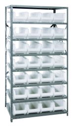 The Quantum Shelving Unit measures 24D x 36L x 75H and supports up to 400 lbs per shelf. It features eight shelves and comes with 28 clear black bins (23-7/8L x 8-1/4W x 7H QUS950), along with sturdy uprights and cross bars in a galvanized steel finish.