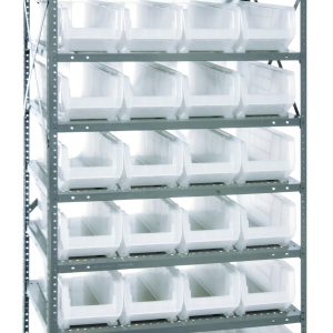 The Quantum Shelving Unit measures 24D x 36L x 75H and supports up to 400 lbs per shelf. It features eight shelves and comes with 28 clear black bins (23-7/8L x 8-1/4W x 7H QUS950), along with sturdy uprights and cross bars in a galvanized steel finish.