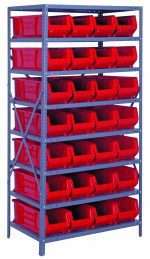 The Quantum Shelving Unit, 24D x 36L x 75H, with a heavy-duty galvanized steel finish, has eight shelves and includes 28 QUS950 bins (23-7/8L x 8-1/4W x 7H) in red and black, offering efficient organization with a load capacity of 400 lbs per shelf.