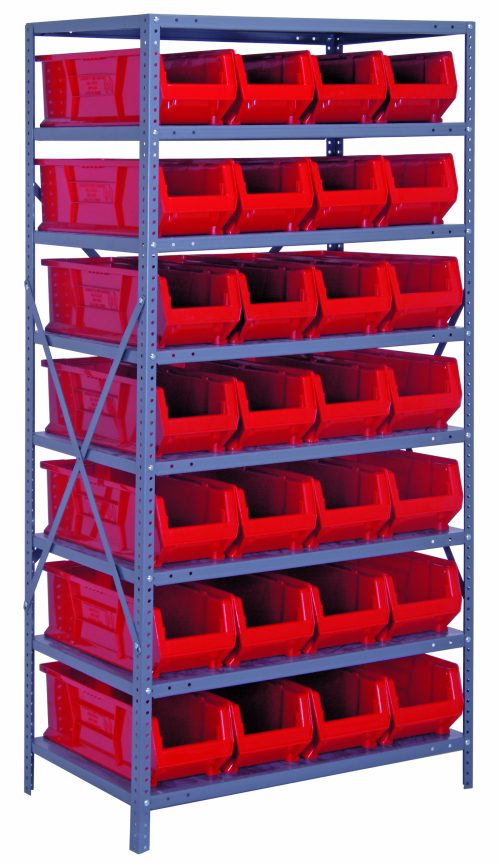The Quantum Shelving Unit, 24D x 36L x 75H, with a heavy-duty galvanized steel finish, has eight shelves and includes 28 QUS950 bins (23-7/8L x 8-1/4W x 7H) in red and black, offering efficient organization with a load capacity of 400 lbs per shelf.