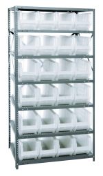 The Quantum Shelving Unit, measuring 24D x 36L x 75H and made of galvanized steel, supports up to 400 lbs. per shelf and includes eight shelves with 24 clear black bins (23-7/8L x 8-1/4W x 9H), along with uprights and crossbars for efficient organization.