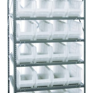 The Quantum Shelving Unit, measuring 24D x 36L x 75H and made of galvanized steel, supports up to 400 lbs. per shelf and includes eight shelves with 24 clear black bins (23-7/8L x 8-1/4W x 9H), along with uprights and crossbars for efficient organization.