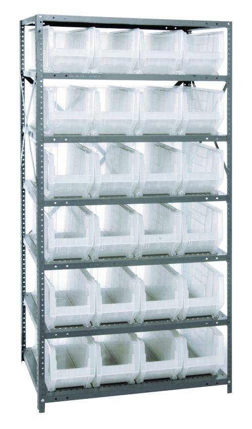 The Quantum Shelving Unit, measuring 24D x 36L x 75H and made of galvanized steel, supports up to 400 lbs. per shelf and includes eight shelves with 24 clear black bins (23-7/8L x 8-1/4W x 9H), along with uprights and crossbars for efficient organization.