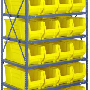 The Quantum Shelving Unit, 24D x 36L x 75H, features eight reinforced shelves with a 400 lb. capacity each and comes with 24 Qus951 yellow bins. Its galvanized steel finish offers heavy-duty storage and organization, ideal for keeping items neatly arranged on its sturdy frame.