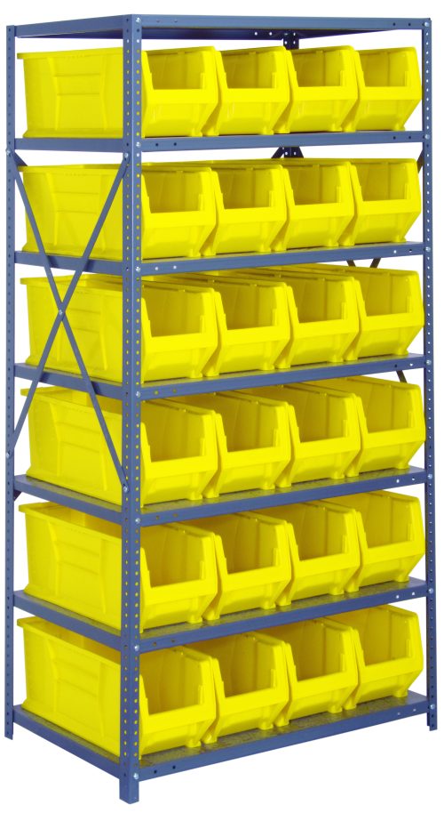 The Quantum Shelving Unit, 24D x 36L x 75H, features eight reinforced shelves with a 400 lb. capacity each and comes with 24 Qus951 yellow bins. Its galvanized steel finish offers heavy-duty storage and organization, ideal for keeping items neatly arranged on its sturdy frame.
