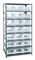A Quantum Shelving Unit, 24D x 36L x 75H, heavy duty with galvanised steel finish holds eight shelves. It includes 21 clear black QUS952 bins (23-7/8L x11W x 7H), featuring perforated side beams for easy shelf adjustment and supports up to 400 lbs per shelf.