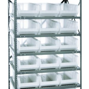 A Quantum Shelving Unit, 24D x 36L x 75H, heavy duty with galvanised steel finish holds eight shelves. It includes 21 clear black QUS952 bins (23-7/8L x11W x 7H), featuring perforated side beams for easy shelf adjustment and supports up to 400 lbs per shelf.