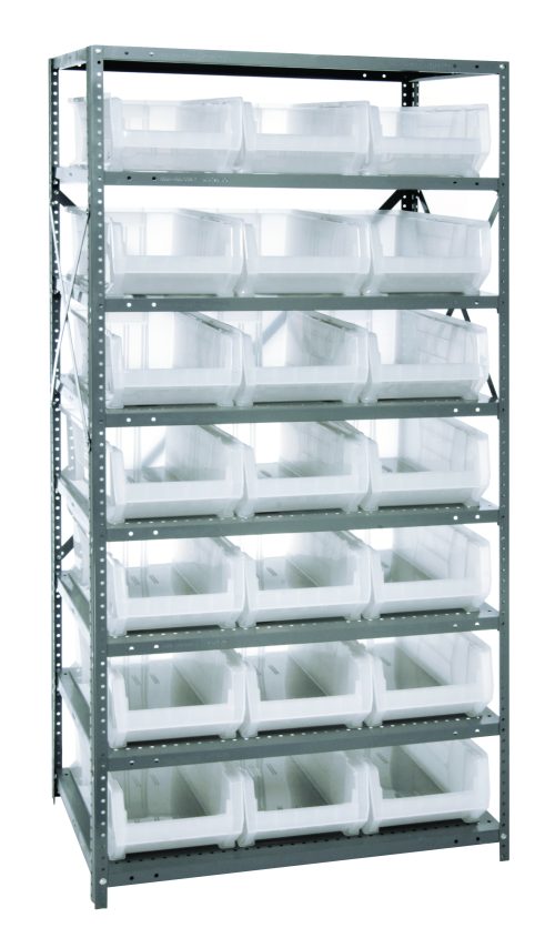 A Quantum Shelving Unit, 24D x 36L x 75H, heavy duty with galvanised steel finish holds eight shelves. It includes 21 clear black QUS952 bins (23-7/8L x11W x 7H), featuring perforated side beams for easy shelf adjustment and supports up to 400 lbs per shelf.