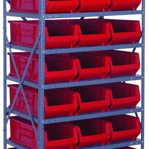 The Quantum Shelving Unit, measuring 24D x 36L x 75H, features eight shelves with a total of 21 red plastic bins sized 23-7/8L x11W x 7H. It has a freestanding design and galvanized steel finish, perfect for efficient item organization or storage.
