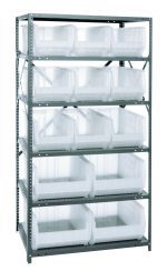 The Quantum Shelving Unit, measuring 24D x 36L x 75H, is a heavy-duty metal shelving solution featuring eight shelves with a load capacity of 400 lbs each. It includes (9) QUS953 bins and (4) larger QUS954 clear black bins for versatile storage organization.