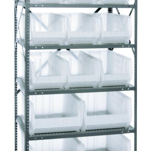 The Quantum Shelving Unit, measuring 24D x 36L x 75H, is a heavy-duty metal shelving solution featuring eight shelves with a load capacity of 400 lbs each. It includes (9) QUS953 bins and (4) larger QUS954 clear black bins for versatile storage organization.