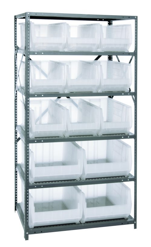 2475-953954CL.jpg The Quantum Shelving Unit, measuring 24D x 36L x 75H, is a heavy-duty metal shelving solution featuring eight shelves with a load capacity of 400 lbs each. It includes (9) QUS953 bins and (4) larger QUS954 clear black bins for versatile storage organization.