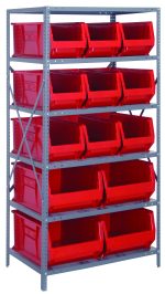 A tall Quantum shelving unit, 24D x 36L x 75H, made of galvanized steel and designed for heavy-duty use with a 400 lb. load capacity per shelf, includes eight shelves. It holds nine QUS953 red bins measuring 23-7/8L x 11W x 10H neatly arranged in rows.