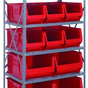 A tall Quantum shelving unit, 24D x 36L x 75H, made of galvanized steel and designed for heavy-duty use with a 400 lb. load capacity per shelf, includes eight shelves. It holds nine QUS953 red bins measuring 23-7/8L x 11W x 10H neatly arranged in rows.