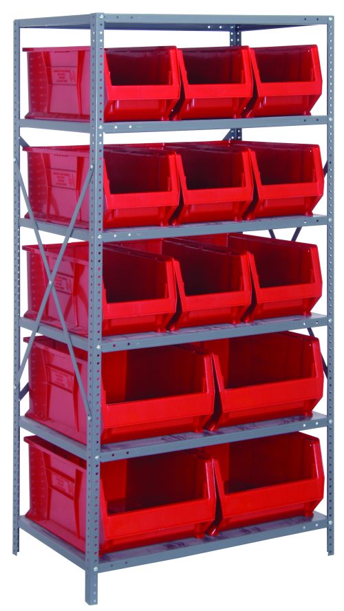 A tall Quantum shelving unit, 24D x 36L x 75H, made of galvanized steel and designed for heavy-duty use with a 400 lb. load capacity per shelf, includes eight shelves. It holds nine QUS953 red bins measuring 23-7/8L x 11W x 10H neatly arranged in rows.