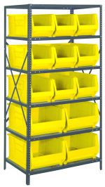 The Quantum Shelving Unit measures 24D x 36L x 75H with a heavy-duty design and a load capacity of 400 lbs per shelf. It includes eight shelves, nine bins (23-7/8L x 11W x 10H), and four larger yellow black bins (23-7/8L x 16-1/2W x 11H) for easy access, reinforced by galvanized steel cross-bracing.
