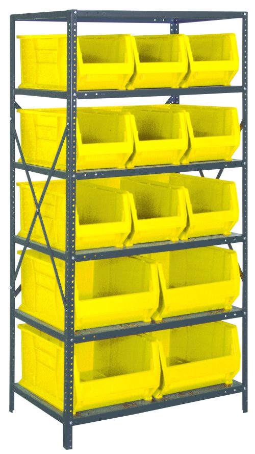 2475-953954_YL.jpg The Quantum Shelving Unit measures 24D x 36L x 75H with a heavy-duty design and a load capacity of 400 lbs per shelf. It includes eight shelves, nine bins (23-7/8L x 11W x 10H), and four larger yellow black bins (23-7/8L x 16-1/2W x 11H) for easy access, reinforced by galvanized steel cross-bracing.