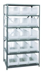 The Quantum Shelving Unit, measuring 24D x 36L x 75H, includes eight shelves and fifteen clear black bins (23-7/8L x11W x 10H each). Its made of galvanized steel with a heavy-duty design supporting up to 400 lb. per shelf for durable and accessible storage.