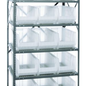 The Quantum Shelving Unit, measuring 24D x 36L x 75H, includes eight shelves and fifteen clear black bins (23-7/8L x11W x 10H each). Its made of galvanized steel with a heavy-duty design supporting up to 400 lb. per shelf for durable and accessible storage.