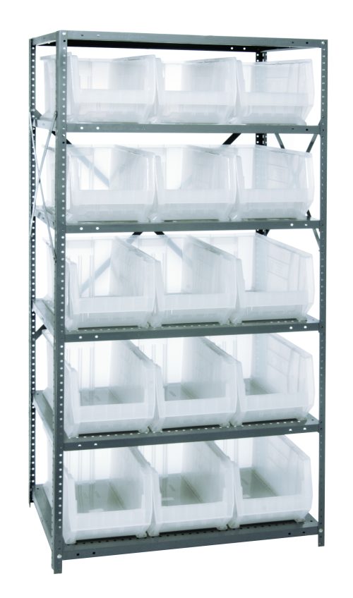 The Quantum Shelving Unit, measuring 24D x 36L x 75H, includes eight shelves and fifteen clear black bins (23-7/8L x11W x 10H each). Its made of galvanized steel with a heavy-duty design supporting up to 400 lb. per shelf for durable and accessible storage.