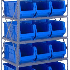 The Quantum Shelving Unit, measuring 24D x 36L x 75H, features eight heavy-duty shelves each supporting up to 400 lbs. It comes with fifteen (Qus953) blue bins, and its open-front design offers easy access. Sturdy support is ensured by uprights and cross bars with a galvanized steel finish.