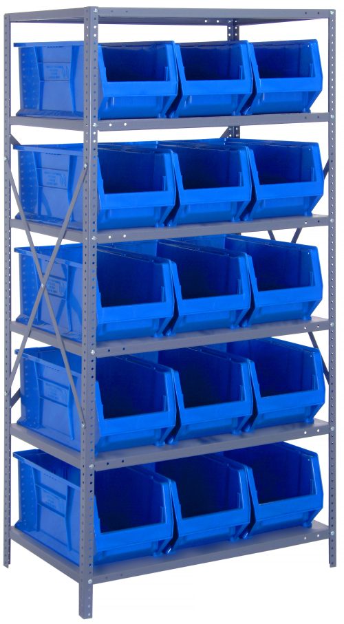 The Quantum Shelving Unit, measuring 24D x 36L x 75H, features eight heavy-duty shelves each supporting up to 400 lbs. It comes with fifteen (Qus953) blue bins, and its open-front design offers easy access. Sturdy support is ensured by uprights and cross bars with a galvanized steel finish.