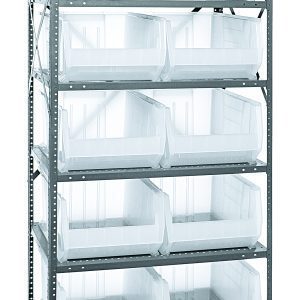 The Quantum Shelving Unit, measuring 24D x 36L x 75H, offers a heavy-duty load capacity of 400 lbs per shelf and includes eight shelves along with ten clear black bins. Its galvanized steel finish and open-front design enable easy access, making it a sturdy organizational solution.