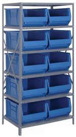 The Quantum Shelving Unit features a heavy-duty, galvanized steel frame with a 400 lb. load capacity per shelf. It includes eight shelves and ten blue bins, each measuring 23-7/8L x 16-1/2W x 11H (QUS954), with sturdy uprights and cross bars for enhanced support.