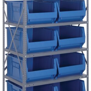 The Quantum Shelving Unit features a heavy-duty, galvanized steel frame with a 400 lb. load capacity per shelf. It includes eight shelves and ten blue bins, each measuring 23-7/8L x 16-1/2W x 11H (QUS954), with sturdy uprights and cross bars for enhanced support.