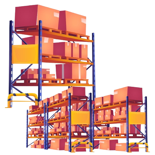 3D illustration of a warehouse featuring the MH USA Proven System for Material Handling Success. Blue and orange racks brim with various sizes of orange boxes, while taller ones showcase yellow panels at the ends, epitomizing organized storage.