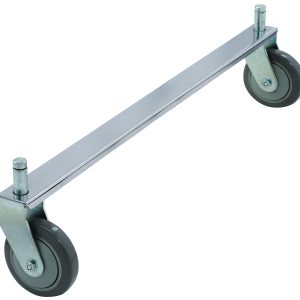 The chrome-plated Quantum Tie Bar, 30W, supports two gray rubber caster wheels with swiveling brackets for easy maneuverability and fits two parallel-positioned rigid casters (not included) for smooth movement.