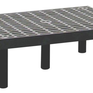 The Quantum Polymer Dunnage Rack is a rectangular, vented black platform with a grid-pattern top, supported by five cylindrical legs, made in the USA.