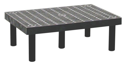 362412DPP.jpg The Quantum Polymer Dunnage Rack is a rectangular, vented black platform with a grid-pattern top, supported by five cylindrical legs, made in the USA.