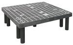 The Quantum Polymer Dunnage Rack features a vented, square metal platform with a grid pattern, supported by six cylindrical black legs. Made in the USA from polyethylene, it boasts a 750 lb. load capacity and circular surface patterns that reflect an industrial and robust design.