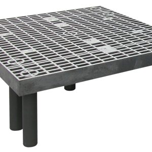 The Quantum Polymer Dunnage Rack features a vented, square metal platform with a grid pattern, supported by six cylindrical black legs. Made in the USA from polyethylene, it boasts a 750 lb. load capacity and circular surface patterns that reflect an industrial and robust design.