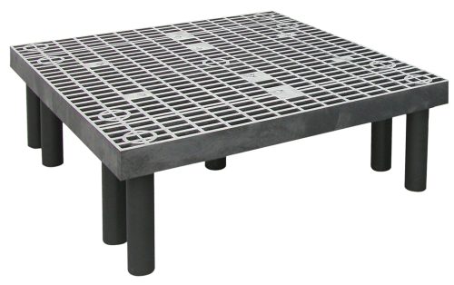 The Quantum Polymer Dunnage Rack features a vented, square metal platform with a grid pattern, supported by six cylindrical black legs. Made in the USA from polyethylene, it boasts a 750 lb. load capacity and circular surface patterns that reflect an industrial and robust design.