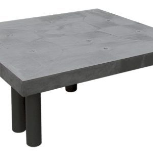 The Quantum Polymer Dunnage Rack, crafted from polyethylene with a 1000 lb. load capacity, is gray and square with nine cylindrical legs. It has a textured surface with round indents and is made in the USA, providing a solid and stable platform.