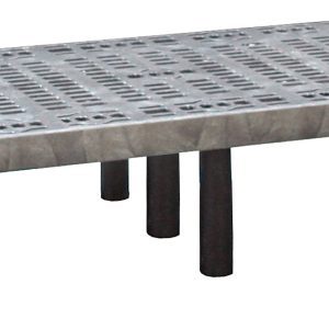 The Quantum Polymer Dunnage Rack is a rectangular, vented rack with a perforated design and grid pattern, supported by sturdy black cylindrical legs. It boasts a 700 lb. load capacity and is made from durable polyethylene in the USA.