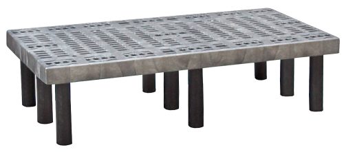 The Quantum Polymer Dunnage Rack is a rectangular, vented rack with a perforated design and grid pattern, supported by sturdy black cylindrical legs. It boasts a 700 lb. load capacity and is made from durable polyethylene in the USA.