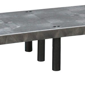 The Quantum Polymer Dunnage Rack is a large, solid platform with a gray metallic surface, supported by black cylindrical legs. It offers reliable industrial use with a 900 lb. load capacity and is made of polyethylene in the USA.