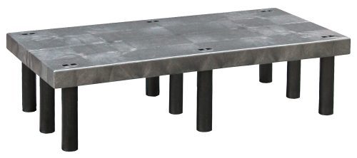 The Quantum Polymer Dunnage Rack is a large, solid platform with a gray metallic surface, supported by black cylindrical legs. It offers reliable industrial use with a 900 lb. load capacity and is made of polyethylene in the USA.