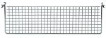 The Quantum Divider, measuring 15W x 4-1/2H, is a chrome-plated metal grid with a rectangular mesh design featuring small square openings. It includes hooks at the top corners for easy attachment and serves as an elegant divider for hanging baskets.