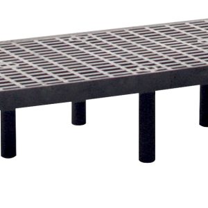 A Quantum Polymer Dunnage Rack, vented and crafted in the USA from polyethylene with a 1000 lb. load capacity, features a grid-patterned surface and sleek black legs against a plain white background.