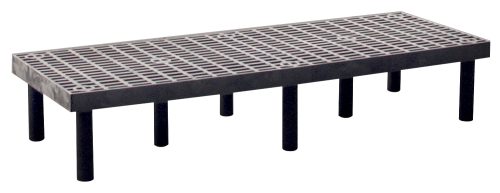 A Quantum Polymer Dunnage Rack, vented and crafted in the USA from polyethylene with a 1000 lb. load capacity, features a grid-patterned surface and sleek black legs against a plain white background.
