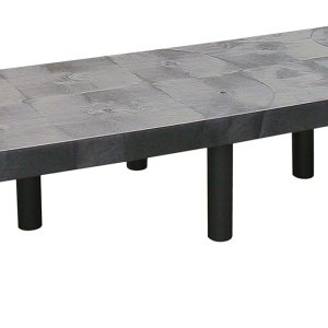 The Quantum Polymer Dunnage Rack is a modern, solid rectangular gray bench with a smooth surface and six cylindrical black legs in two rows. Made in the USA from polyethylene, it has a timeless elegance and can support up to 1400 pounds.
