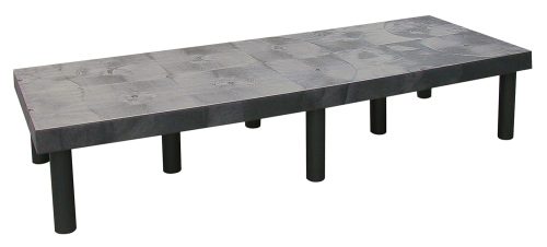 The Quantum Polymer Dunnage Rack is a modern, solid rectangular gray bench with a smooth surface and six cylindrical black legs in two rows. Made in the USA from polyethylene, it has a timeless elegance and can support up to 1400 pounds.