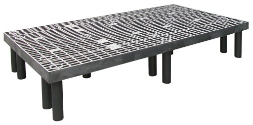 663612DPP.jpg The Quantum Polymer Dunnage Rack, made in the USA from polyethylene, supports up to 1500 lbs. It features a vented plastic platform with a grid-like surface and circular patterns, supported by cylindrical black legs for enhanced durability and stability.