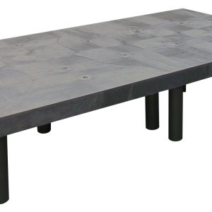The Quantum Polymer Dunnage Rack is a solid rectangular platform with a flat gray surface and circular indentations, supported by black cylindrical legs, crafted from polyethylene with a 1900 lb. load capacity and proudly made in the USA.