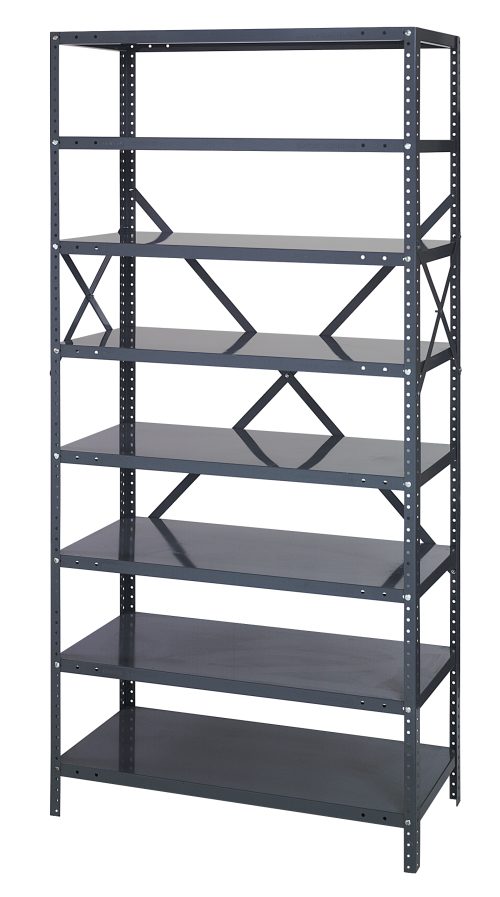 The Quantum Ironman is a tall, empty shelving unit made of 22 gauge steel featuring eight adjustable shelves, uprights, and crossbars. With a dark gray finish, it measures 12W x 36L x 75H and has an industrial design with a load capacity of 400 lbs per shelf for stability.